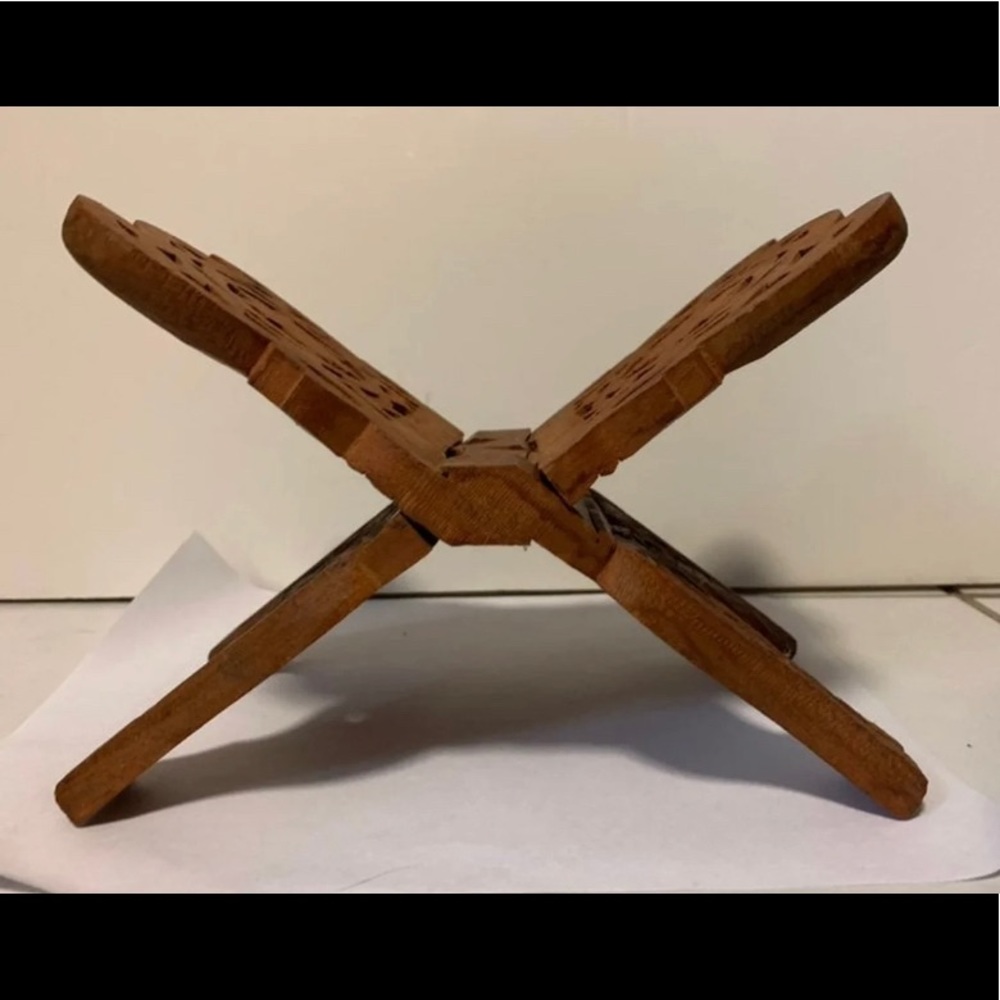 Vintage Artisan Hand Carved Wood Folding Book Display Stand